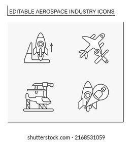  Aerospace Industry Line Icons Set. Helicopter, Rocket And Plane Designing. Aircraft Concepts. Isolated Vector Illustrations. Editable Stroke