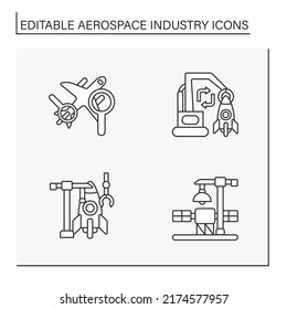  Aerospace Industry Line Icons Set. Helicopter, Rocket And Plane Designing. Aircraft Concepts. Isolated Vector Illustrations. Editable Stroke