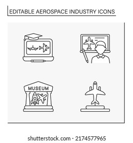  Aerospace Industry Line Icons Set. Helicopter, Rocket And Plane Designing. Aircraft Concepts. Isolated Vector Illustrations. Editable Stroke