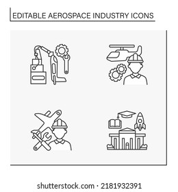  Aerospace Industry Line Icons Set. Helicopter, Rocket And Plane Designing. Aircraft Concepts. Isolated Vector Illustrations. Editable Stroke