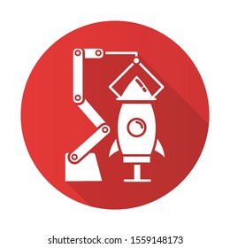 Aerospace industry red flat design long shadow glyph icon. Aircraft manufacturing. Spacecraft construction and launch preparations. Rocket assembly. Missile building. Vector silhouette illustration