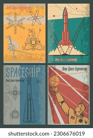 Aerospace Retro Futurism Style Engineering Drawing Posters Set