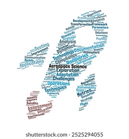 Aerospace Science Word Cloud. Composition of Words Related to Aerospace, Engineering, and Flight Dynamics. Isolated Background.