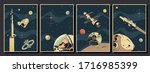 Aerospace, Spacecraft Poster Template Set, Space Ships, Rockets, Orbital Station, Astronaut, Planets, Asteroid, Stars Background