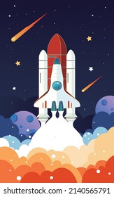 Aerospace spaceship ready to take off, world space day, vector illustration