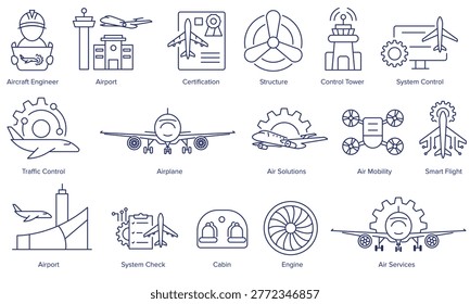 Aerospace Technology Icon Set Aircraft and Airport Systems,Aircraft Systems and Smart Aviation Icons Collection