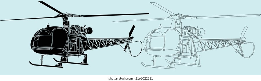 Aerospatiale AS 313B Alouette II,Adult military helicopter coloring page for book. Copter and Aircraft.