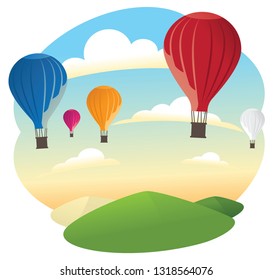 Aerostat above sunrise landscape