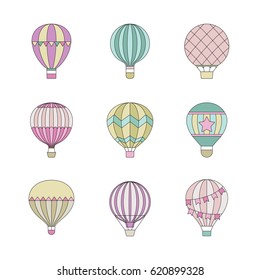 Aerostat (air balloon) outline colored icon set. Clean and simple design.
