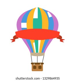 Aerostat air balloon with red advertising ribbon design flat icon isolated on white vector illustration