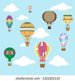 Aerostat air balloon sky clouds flight basket travel retro airship cartoon icons set design vector illustration