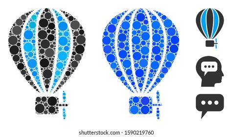 Aerostat balloon composition of round dots in different sizes and shades, based on aerostat balloon icon. Vector round dots are grouped into blue composition.