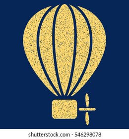 Aerostat Balloon grainy textured icon for overlay watermark stamps. Flat symbol with scratched texture. Dotted vector yellow ink rubber seal stamp with grunge design on a blue background.