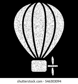 Aerostat Balloon grainy textured icon for overlay watermark stamps. Flat symbol with dust texture. Dotted vector white ink rubber seal stamp with grunge design on a black background.