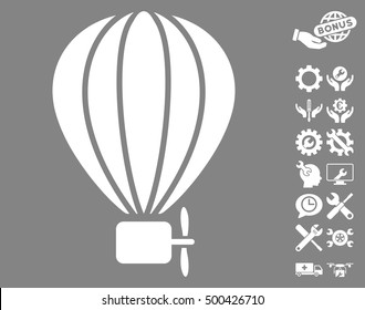 Aerostat Balloon pictograph with bonus tools icon set. Vector illustration style is flat iconic symbols, white color, gray background.