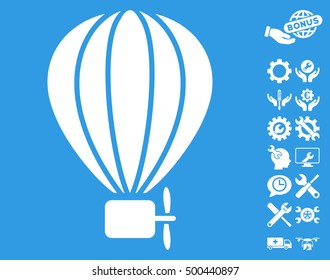 Aerostat Balloon pictograph with bonus tools images. Vector illustration style is flat iconic symbols, white color, blue background.