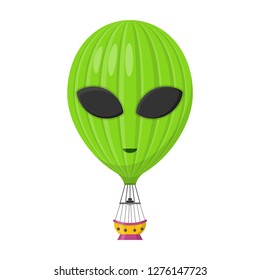 Aerostat Balloon transport in the form of an alien with basket icon isolated on white background, Cartoon air-balloon ballooning adventure flight, ballooned traveling flying toy, Vector illustration