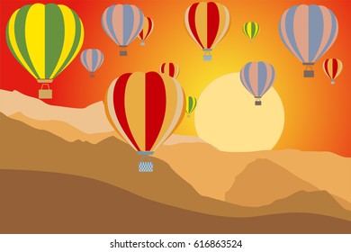 Aerostat balloons over mountains. Colorful vector illustration.
