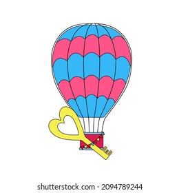 Aerostat with a key to the heart in a basket. Happy Valentines day
