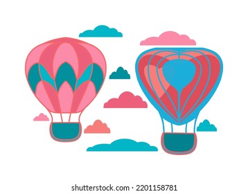 Aerostat, large balloons, in the sky with bright clouds, a color drawing on a transparent background, for design and print