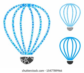 Aerostat mosaic of rugged elements in different sizes and color tints, based on aerostat icon. Vector joggly elements are composed into mosaic. Aerostat icons collage with dotted pattern.