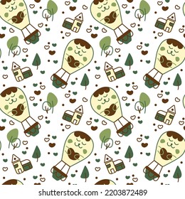 Aerostat pattern. Seamless pattern with cute aerostat, trees, houses, heart.