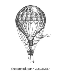 Aerostat sketch  Retro hot air balloon hand drawn drawing in vintage engraving style  Vector illustration