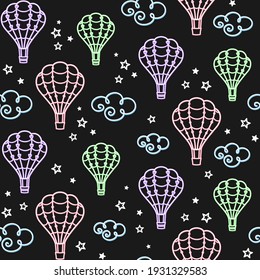 Aerostat in the sky. Colorful hot air balloons, clouds and stars on a black. Vector seamless pattern for banner, website wallpaper, cover, wrapping paper, packaging, scrapbooking, printing on clothes