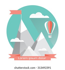 Aerostat symbol with moountain landscape. The air balloon icon. Flat Vector illustration.