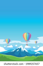 Los aeróstatos vuelan sobre los picos de las montañas y los valles floridos. Globo de aire caliente con colores arcoiris. Luminoso entretenimiento y viajes. Festival de globos. Ilustración vertical vectorial.