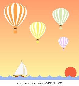aerostats are flying in sky over the sea at sunset, down sailing boat