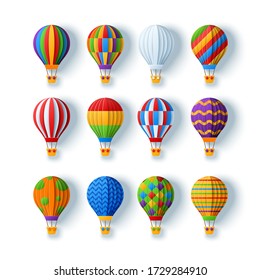 Aeróstatos y globos de aire caliente ambientados en un estilo de corte de papel con diferentes patrones aislados en fondo blanco. Ilustración del vector