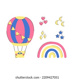 Aerostats and rainbow isolated on white background. Air balloons clipart. Children vector illustration 