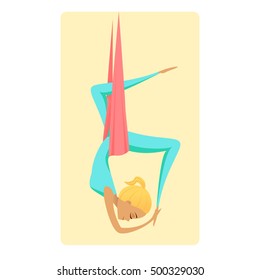 Aero-yoga, anti-gravity yoga vector illustration. Girl in hammock practicing aerial yoga.