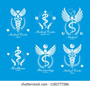 Aesculapius Greek vector abstract logotypes composed with wings, heart shapes, ecg charts and laurel wreaths. Medical symbols for use in pharmacology business and medical advertisement. 