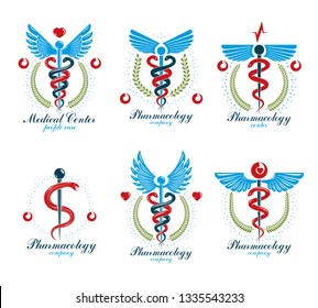 Aesculapius Greek vector abstract logotypes composed with wings, heart shapes, ecg charts and laurel wreaths. Medical symbols for use in pharmacology business and medical advertisement. 