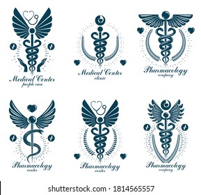 Aesculapius Greek vector abstract logotypes composed with wings, heart shapes, ecg charts and laurel wreaths. Medical symbols for use in pharmacology business and medical advertisement. 
