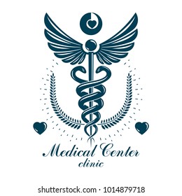 Aesculapius vector abstract business logo for use in medical treatment. Cardiovascular system diseases prevention conceptual emblem.