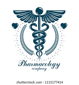 Aesculapius vector abstract business logo for use in medical treatment. Cardiovascular system diseases prevention conceptual emblem.

