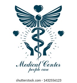 Aesculapius vector abstract business logo for use in medical treatment. Cardiovascular system diseases prevention conceptual emblem.