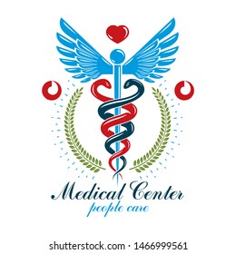 Aesculapius vector abstract business logo for use in medical treatment. Cardiovascular system diseases prevention conceptual emblem.