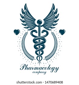 Aesculapius vector abstract business logo for use in medical treatment. Cardiovascular system diseases prevention conceptual emblem.