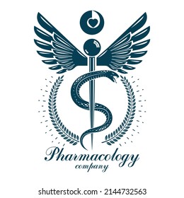 Aesculapius vector abstract business logo for use in medical treatment. Cardiovascular system diseases prevention conceptual emblem.