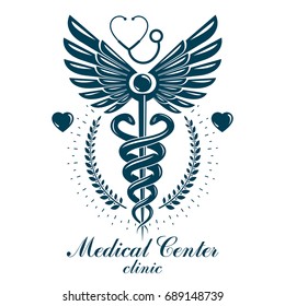 Aesculapius vector abstract business logo for use in medical treatment. Cardiovascular system diseases prevention conceptual emblem.