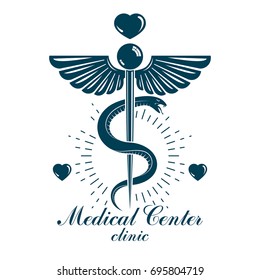 Aesculapius vector abstract business logo for use in medical treatment. Cardiovascular system diseases prevention conceptual emblem.