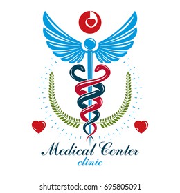 Aesculapius vector abstract business logo for use in medical treatment. Cardiovascular system diseases prevention conceptual emblem.