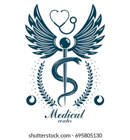 Aesculapius vector abstract business logo for use in medical treatment. Cardiovascular system diseases prevention conceptual emblem.