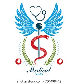 Aesculapius vector abstract business logo for use in medical treatment. Cardiovascular system diseases prevention conceptual emblem.