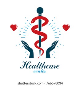 Aesculapius vector abstract business logo for use in medical treatment. Cardiovascular system diseases prevention conceptual emblem.
