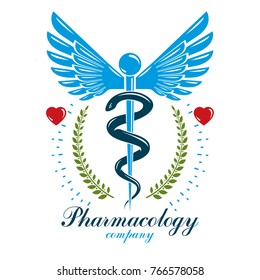 Aesculapius vector abstract business logo for use in medical treatment. Cardiovascular system diseases prevention conceptual emblem.